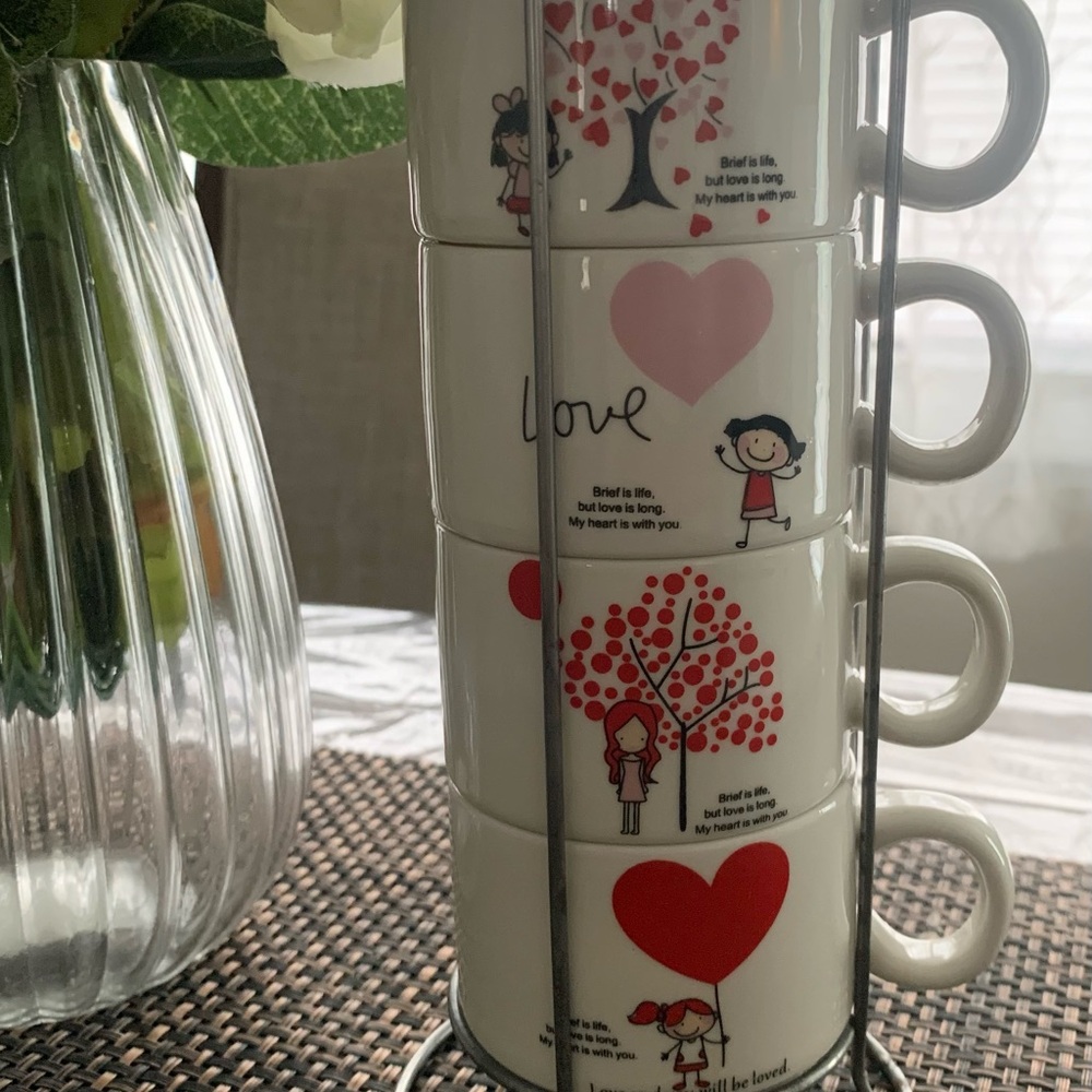 Love Heart Stacking Mugs Set - White and Red